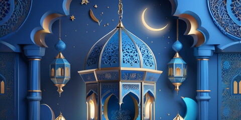 Wall Mural - 3d Crecent moon and lantern for Ramadan and Eid background design template with mosque for Muslim festival 