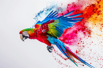 Sticker - Scarlet macaw parrot flying isolated on white background. Extreme close-up of colorful parrot flying from splash of paint, creativity concept. A captivating splatter art composition featuring a parrot