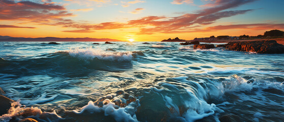 Wall Mural - Beautiful sea waves and sunset