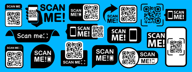Leinwandbilder - Scan qr code. Scan QR code flat icon with phone. Qr Code template for mobile app, payment and discounts. Barcode. Mobile payment and quick response codes. Scan me with smartphone. Vector illustration