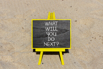 Wall Mural - What will you do next symbol. Concept words What will you do next on beautiful blackboard. Beautiful sand beach background. Business, what will you do next concept. Copy space.