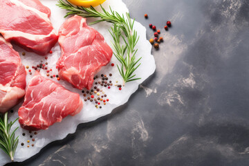 Wall Mural - Raw meat, turkey on a black marble tabletop, top view.