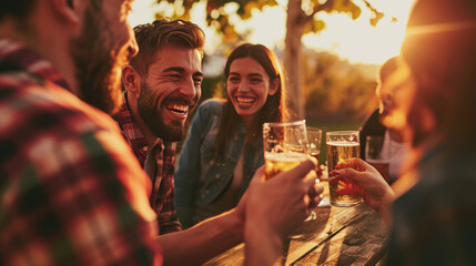 Wall Mural - Group of friends is enjoying a lively conversation over drinks at an outdoor gathering during golden hour.