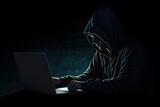 Fototapeta Konie - A hacker wearing a hoodie is hacking data using a laptop. generative AI