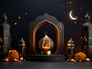 Wall Mural - 3d Crecent moon and lantern for Ramadan and Eid background design template with mosque for Muslim festival 