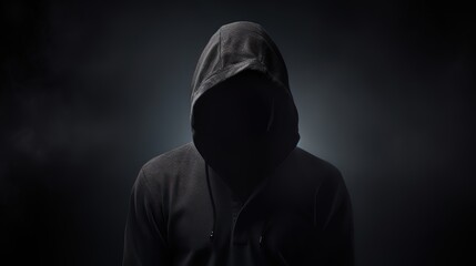 A person wearing a black hoodie on a black wall background. generative AI