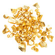 Shiny gold nugget grains isolated on a white background, emphasizing the texture and luster of the golden grains.