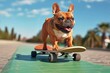A majestic bulldog gracefully glides across the sky on a skateboard, embodying the carefree spirit of an outdoor adventure with its loyal pet