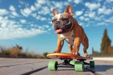 An Adventurous Bulldog Glides Through The Park On A Skateboard, His Snout Pointed Towards The Sky, Enjoying The Freedom Of The Great Outdoors