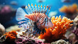 Fish on coral reef with deep ocean