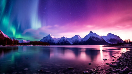 Aurora light reflects off the surface of the lake at night