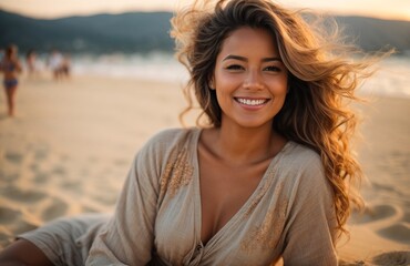 Wall Mural - Smiling woman laying on sand beach, Vacation theme