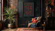 Vintage dark interior with a soft armchair and bright fabric pillows with ornaments. Carpet and a home plant on the floor and a picture on a black shabby wall. Mockup.