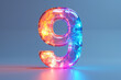 Number 9 - colorful glowing outline alphabet symbol on blue lens flare dark background
