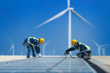 Wall Mural - worker technicians are working to construct solar panels system on roof with wind turbine on backgro
