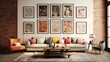 Lounge with a gallery wall of framed art pieces in varied sizes and colors