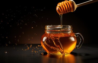 Wall Mural - a wooden dipper with melted sweet honey and a glass jar filled with honey underneath. It can be used as a promotional background for your honey products.