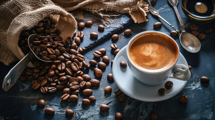 Poster - Close-up view of a freshly brewed cup of espresso with a creamy crema on top, accompanied by coffee beans spilling out from a burlap sack