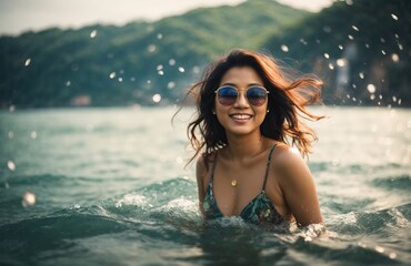 Wall Mural - Joyful beautiful smiling woman with sunglasses swims in the sea