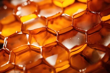 Wall Mural - The honeycomb contains fresh, shiny golden yellow honey. generative AI