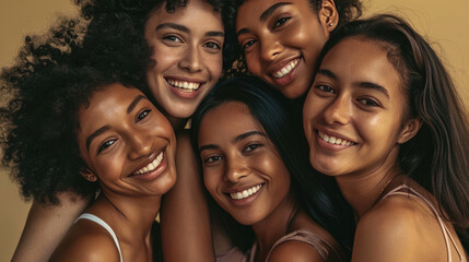 Canvas Print - Smiling women are huddled closely together, portraying a warm, friendly, and diverse group.