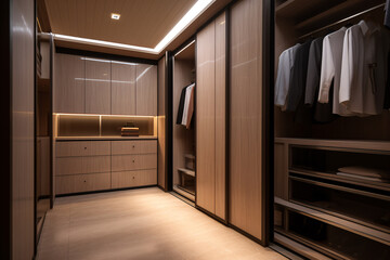 Wall Mural - Modern luxury style warm wood walk in closet, minimal walk in wardrobe dressing room interior.