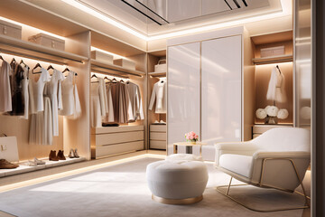 Wall Mural - Modern luxury stylish white walk in closet feminine dressing room, minimal walk in wardrobe interior design.