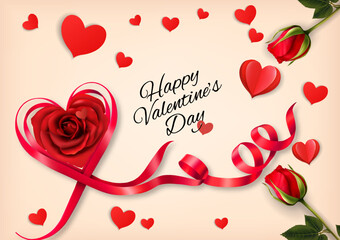 Leinwandbilder - Valentine's Day holiday getting card with red roses, paper hearts and red ribbons. Vector illustration