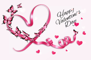 Leinwandbilder - Happy Valentine's Day beautiful background with butterflies and a pink heart shape ribbon. Vector.