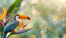 Opalizing Pastel Tropical Jungle Background With A Toucan Bird, Strelitzia Flower And Green Leaves. Copyspace, Bokeh Light. 
