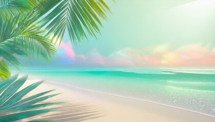 Paradise beach landscape as background. Pastel vivid colours, copyspace, tropical palm tree leaves, glittering sea water. 
