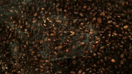 Aufkleber - Super Slow Motion of Flying Coffee Beans Isolated on Dark Background. Macro Shot. Filmed on High Speed Cinema Camera, 1000 fps.