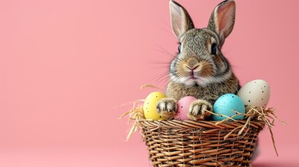 Wall Mural - Small ,baby rabbit in easter basket with fluffy fur and easter eggs in the fresh