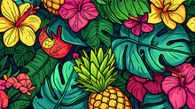 Vibrant Tropical Floral And Fruit Pattern With A Rich Color Palette.