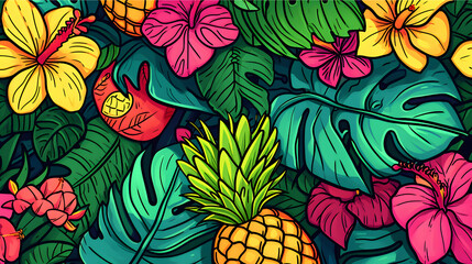 Vibrant tropical floral and fruit pattern with a rich color palette.