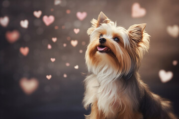 Beaver York breed dog on a walk on a summer day among hearts