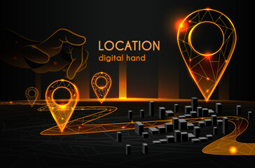 Digital hand set location pin on map. Futuristic banner with innovative AI GPS system for logistics, delivery and correct route. Navigation and orientation in space. Neon flat vector illustration