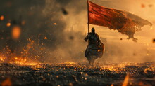 Knight With Flag In Armor On Battlefield. Sparks On Castle Background. Middle Ages, Victory In Battle On Battlefield