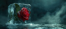 Generative AI, Frozen Red Rose Flower In Ice Cube, Greeting Card Or Banner With Copy Space
