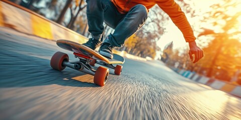 Wall Mural - Skate park at a sunny day. Dynamic longboard in motion