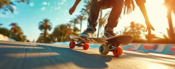 Skate park at a sunny day. Dynamic longboard in motion