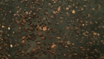 Aufkleber - Super Slow Motion of Flying Coffee Beans Isolated on Dark Background. Macro Shot. Filmed on High Speed Cinema Camera, 1000 fps. Speed Ramp Effect.
