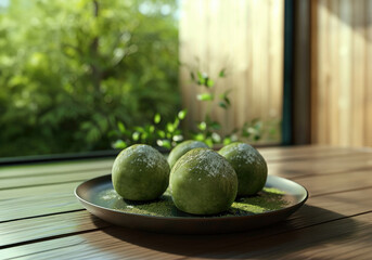 Wall Mural - Matcha mochi on a plate, japanese sweet, in daylight
