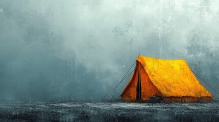 Poster -  a yellow tent sitting in the middle of a field with a gray sky in the background and a black and white photo of the tent in the middle of the foreground.