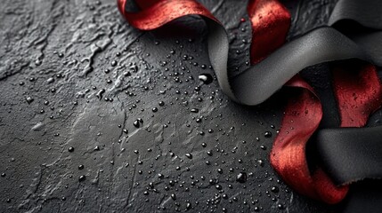 Canvas Print -  a red and black ribbon laying on top of a black surface with drops of water on the surface and a red ribbon on top of the black surface with water droplets.