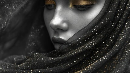 Poster -  a close up of a woman's face with a gold and silver make - up on her face and a black shawl over her head and her eyes.