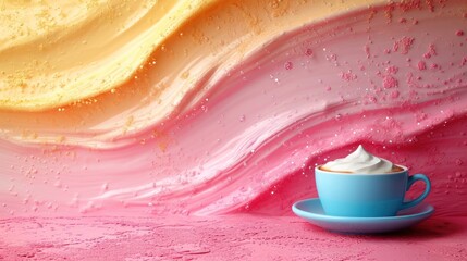 Canvas Print -  a cup of coffee sitting on top of a saucer next to a pink and yellow wave of liquid on top of a pink and blue plate with a blue saucer.