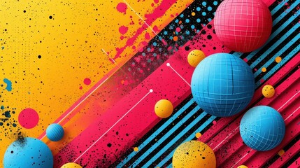 Sticker -  a group of colorful balls sitting on top of a red, yellow, blue and pink wall next to a black and white striped wall with a splash of paint.