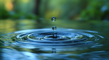 Wall Mural -  a close up of a water drop in a pool of water with a blurry background of trees in the foreground and a green leafy area in the foreground.