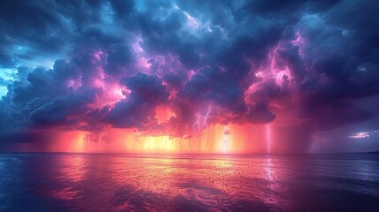 Poster -  a colorful sky filled with clouds over a body of water with the sun shining through the clouds and reflecting off of the water's surface in the foreground.